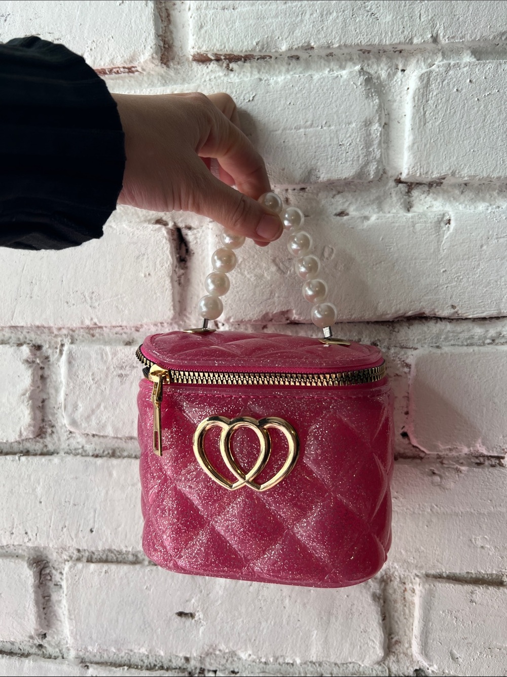 Pink Quilted Pearl-Handle Cosmetic Bag with Gold Heart Accent pink plastic purse